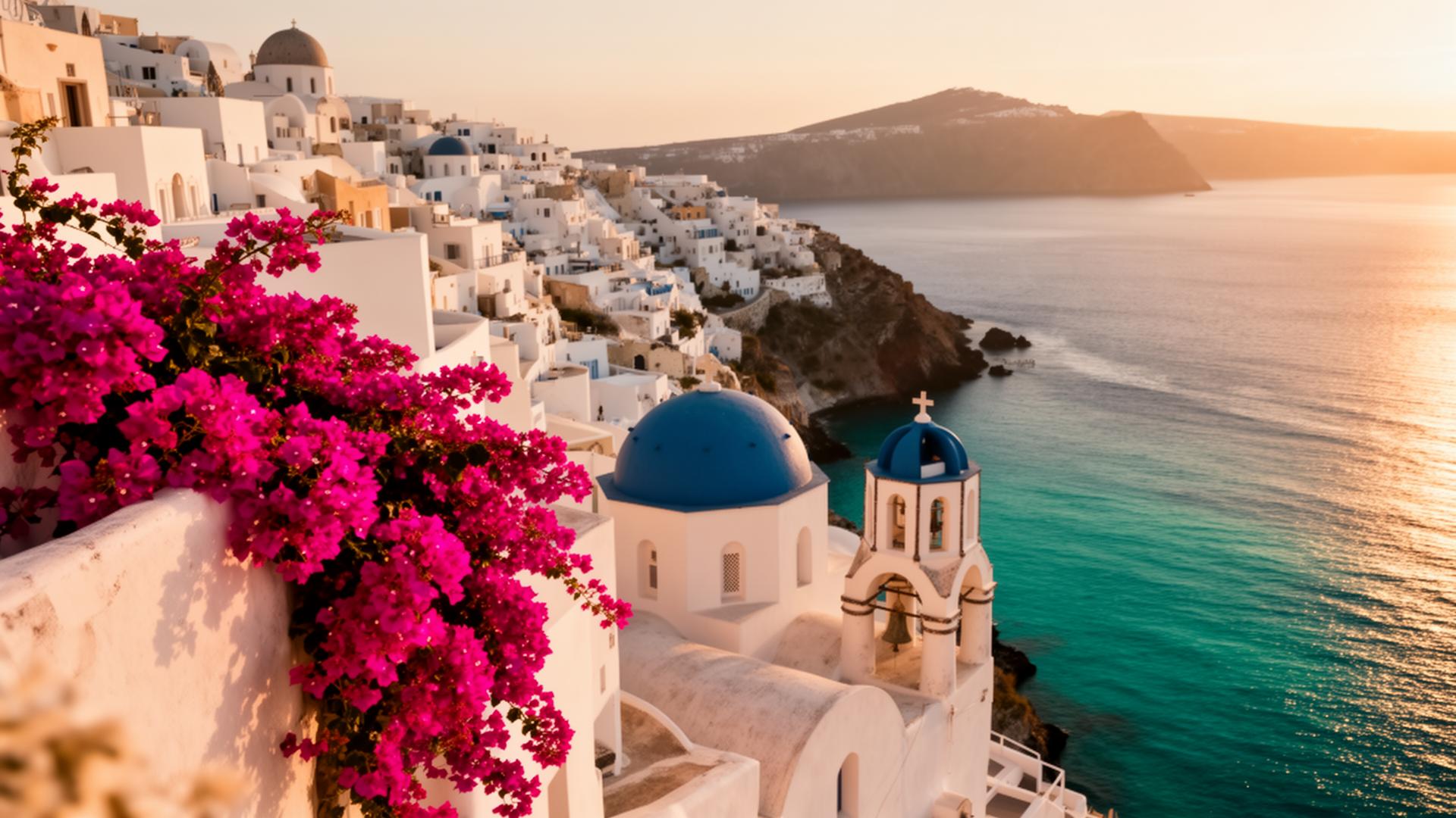 Griechische Insel mit Bougainvillea, weißen Häusern und türkisem Meer